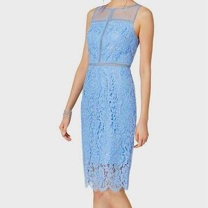 Adrianna Papell Light Blue Lace Sheath Dress | Sheer Mesh Neckline | Size 10
